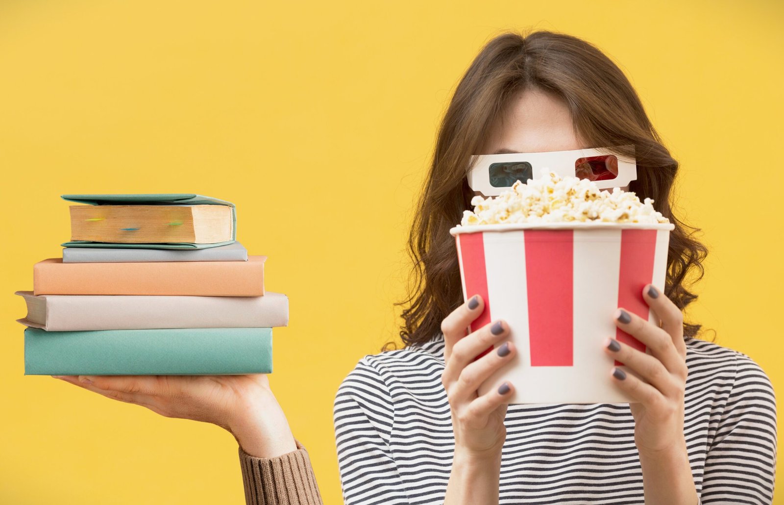 yellow background with girl with popcorn and 3d glasses and a hand with books on her left side