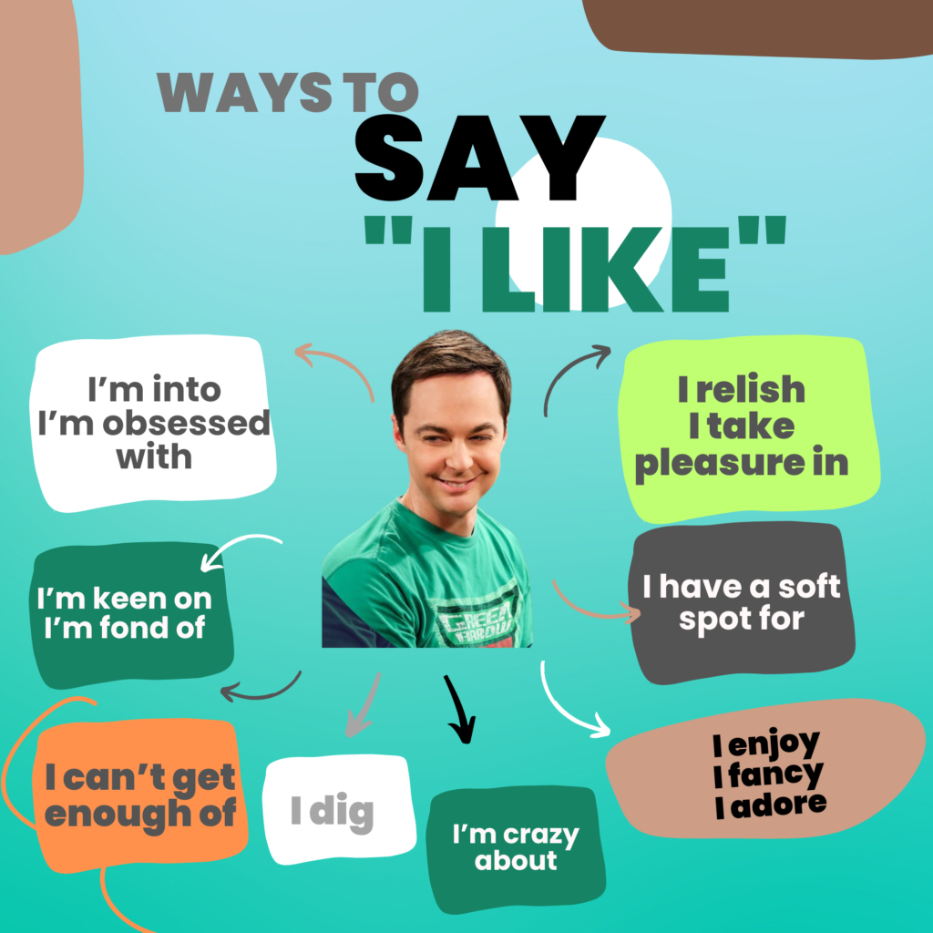 Ways to say 'I like' with Sheldon from 'the Big Bang Theory' in the middle.