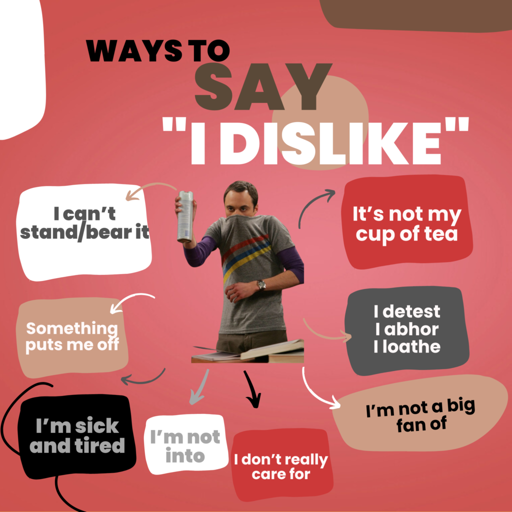 Ways to say 'I don't like' with Sheldon from 'the Big Bang Theory' in the middle.